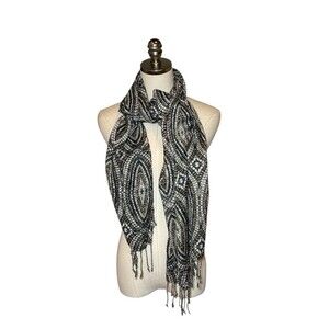 Tasseled Black Brown Scarf Geometric Abstract 20x64